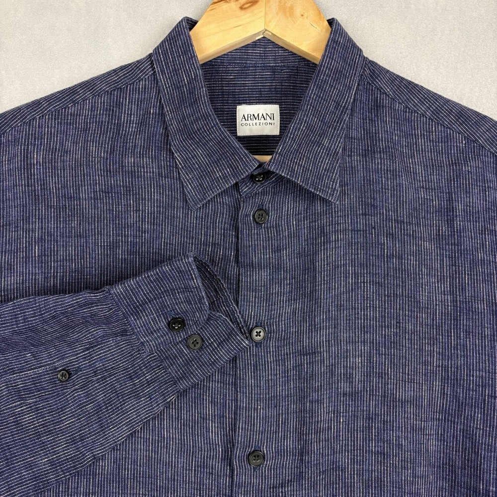 Giorgio Armani Collezioni Linen Shirt Men’s Large Purple Long Sleeve Flax Beach